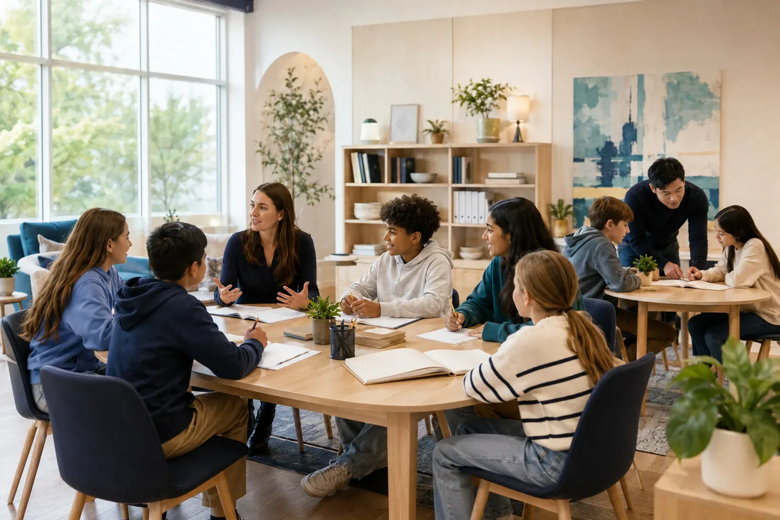Students participating in small-group learning at a welcoming local learning centre